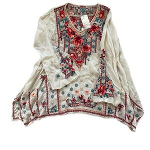 Johnny Was Cream Blouse with Red and Blue Embroidery